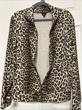 Rafaella Leopard Zip-Front Cotton Jacket Black Tan Lightweight Cozy Soft L
